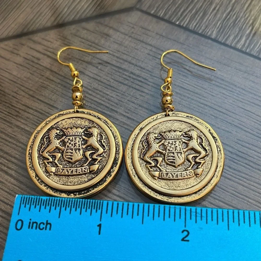 Vintage BAYERN Crest Gold-tone Coin Drop Earrings